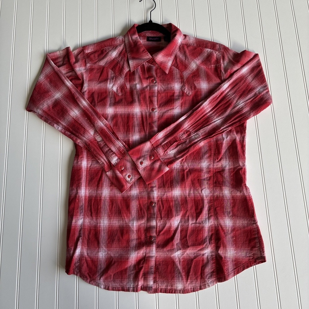 Wrangler Retro Women's Large Western Shirt Plaid Long Sleeve Pearl Snap Silver